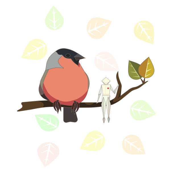 Bullfinch and Little Origami Man are sitting on a stick with falling leaves on white isolated background, vector illustration to make prints, elements of design for websites or décor premises.图片下载
