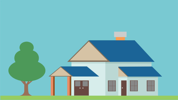 小房子蓝色，旁边有一棵树。图片下载