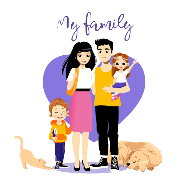 幸福的一家人站在一起。母亲，父亲，两个孩子和宠物。可爱的文字和背景与心。平面卡通风格的父母插图。美丽家庭的微笑成员图片下载