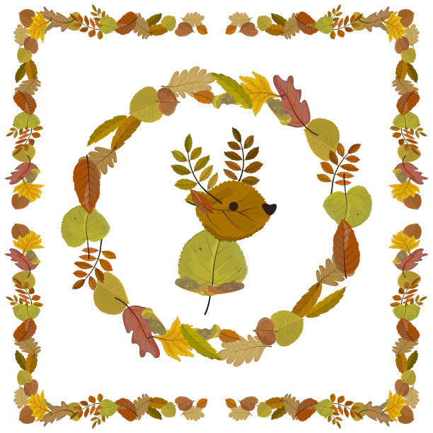 圆形和方形框架的秋天树叶和一个小鹿头的树叶图片下载
