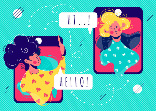 女孩们通过智能手机屏幕互相聊天。图片下载