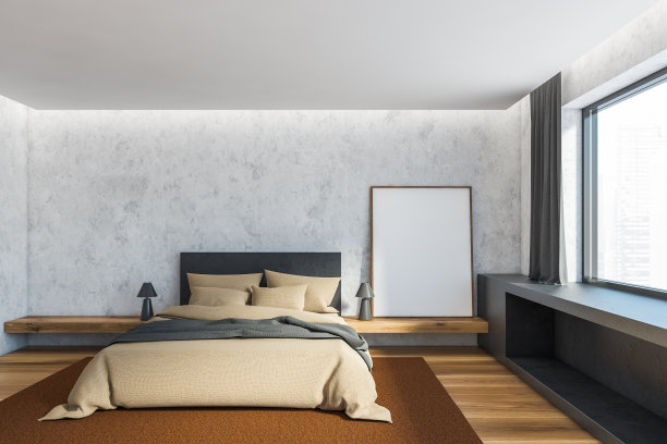 白色和灰色的主卧室与海报图片下载