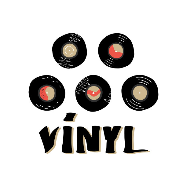 可爱的各种黑胶唱片和手写字母。搞笑音乐贴纸，标签设计。向量孤立的插图。图片下载