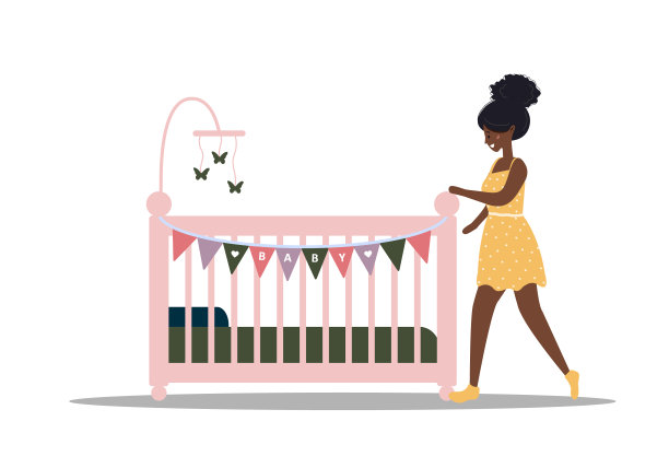 轻便的图标。非洲女孩站在婴儿床前。婴儿物品图标集合的简单元素。ui, ux，应用程序，软件和信息图表的创意摇篮。平面风格的矢量插图。图片下载
