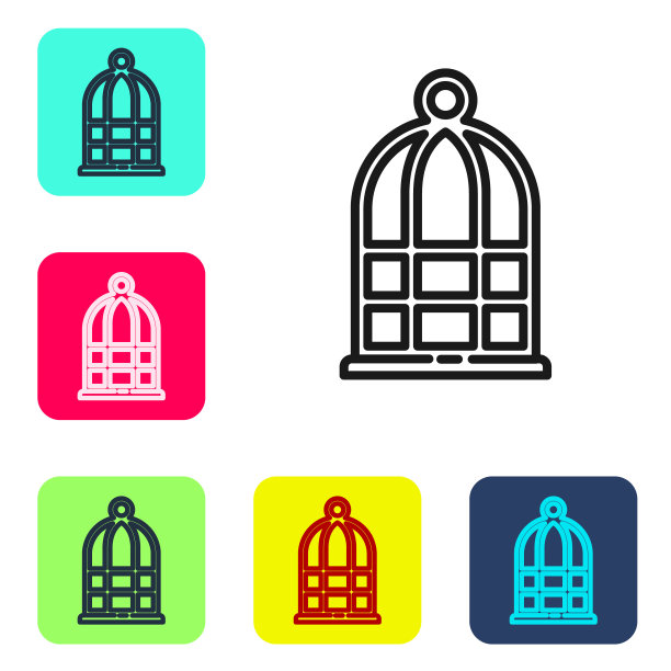黑线鸟笼图标隔离在白色背景上。设置图标为彩色方框按钮。向量图片下载
