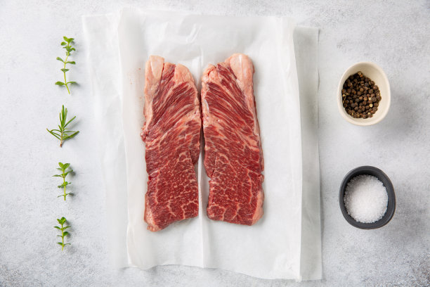 丹佛牛排。纸上的两块生牛排，背景是混凝土。前视图。图片下载