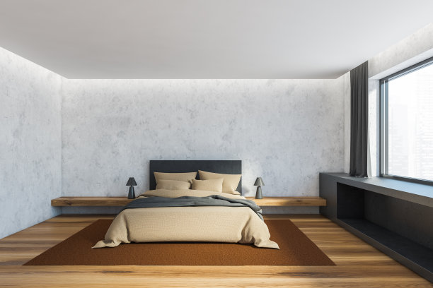 白色和灰色的主卧室内部图片下载