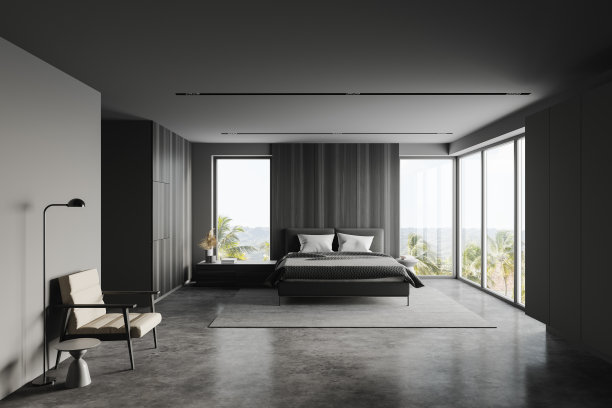 灰色和木制卧室与扶手椅图片下载