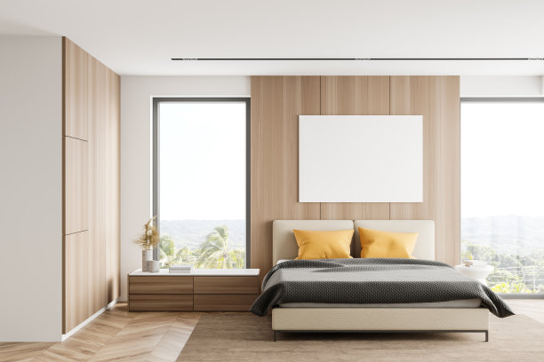 白色和木制的卧室与海报图片下载