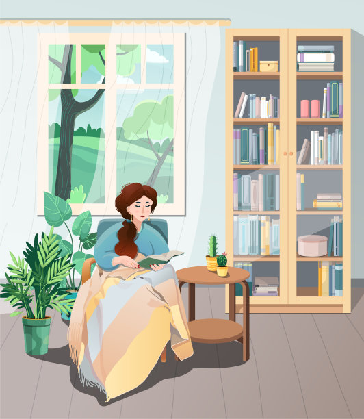 一个年轻漂亮的女孩正坐在格子布下面舒适的椅子上看书。图片下载