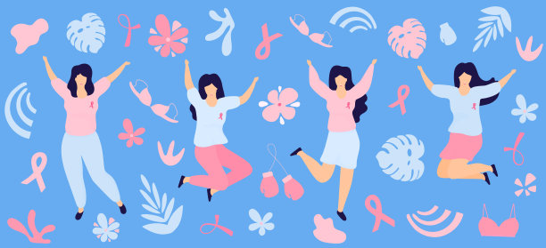 带着粉红丝带的女孩跳得很开心。全国乳腺癌宣传月。图片下载