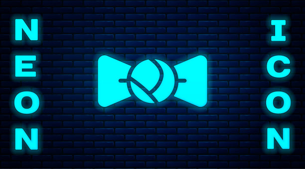 霓虹灯蝴蝶结图标孤立在砖墙背景上。向量图片下载