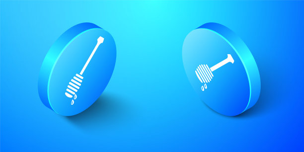 等距蜂蜜斗棒滴蜂蜜图标孤立在蓝色背景。蜂蜜包。蓝色圆按钮。向量图片下载