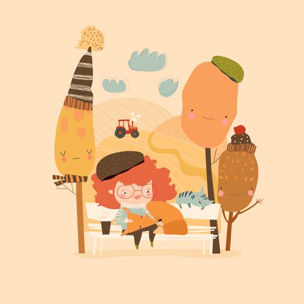 可爱的卡通女孩拥抱狐狸在秋天的森林图片下载