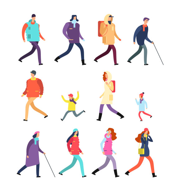 人们穿着冬天的衣服。卡通男人和女人，青少年和孩子在寒冷的季节行走。向量冬季字符集图片下载