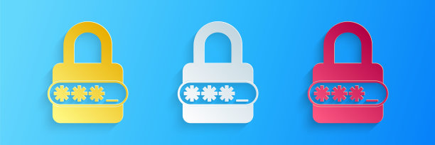 剪纸密码保护和安全访问图标隔离在蓝色背景。锁定图标。安全、安全、保护、隐私的理念。纸艺术风格。向量图片下载
