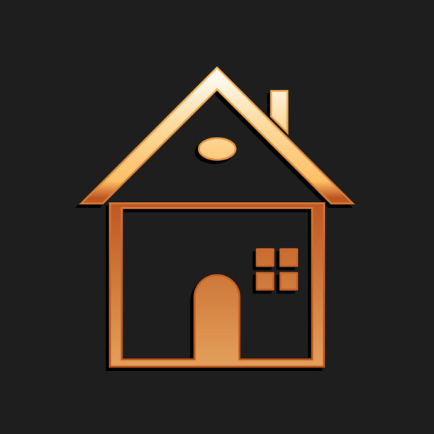 金色房子图标孤立在黑色背景。家的象征。长长的阴影风格。向量图片下载