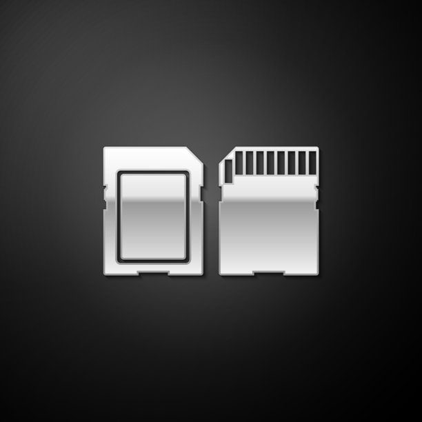 银色SD卡图标隔离在黑色背景上。记忆卡。适配器图标。长阴影风格。向量图片下载
