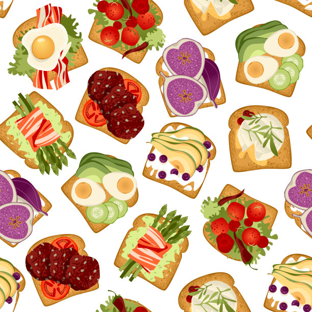 各种面包浇头。无缝的背景图案。图片下载