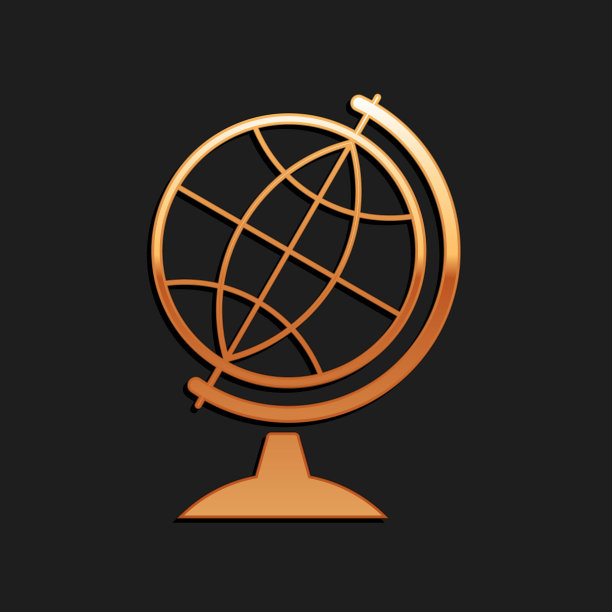 金色地球地球图标孤立在黑色背景。长长的阴影风格。向量图片下载