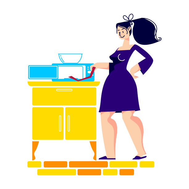 女人在微波炉中烹饪食物，卡通女性等待爆米花图片下载