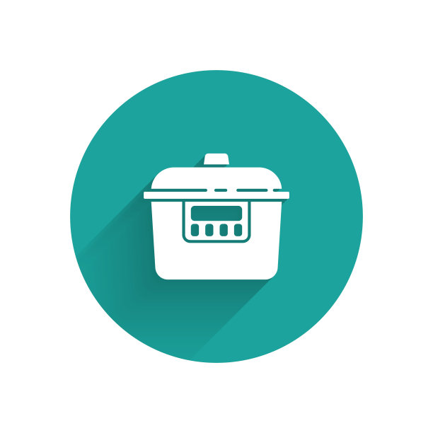 白色慢炖锅图标孤立与长影子。电锅。绿色圆圈按钮。向量图片下载