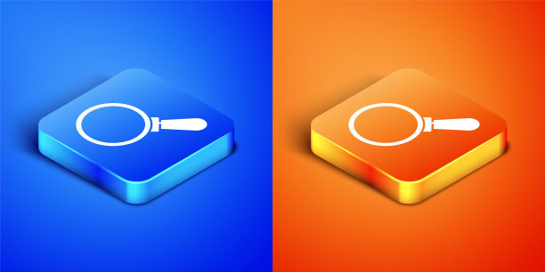 等距放大镜图标孤立在蓝色和橙色的背景。搜索，聚焦，缩放，商业符号。方形按钮。向量图片下载