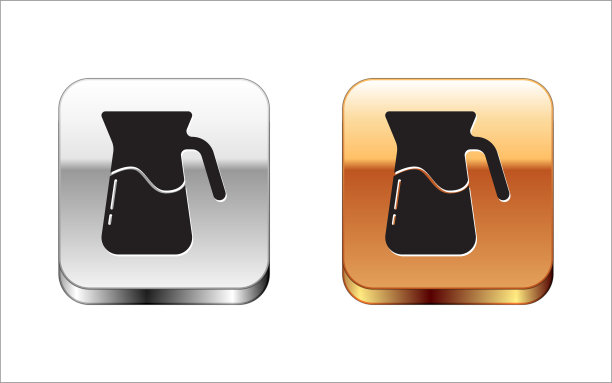 黑色水壶玻璃与水图标孤立的白色背景。水壶的水。装有饮用水的玻璃瓶。金银平方按钮。向量图片下载