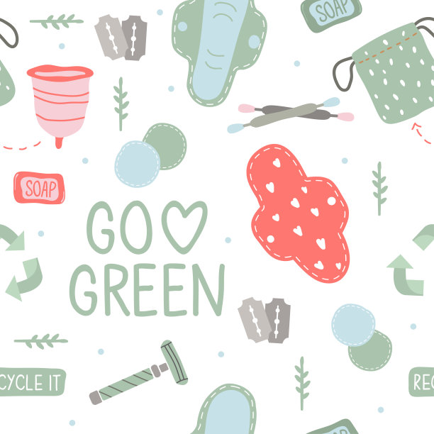 月经主题无缝模式。时期。各种女性卫生用品。“零浪费”的对象。内裤,垫,杯。经期保护，女性卫生。手绘矢量插图。一切都是孤立的图片下载