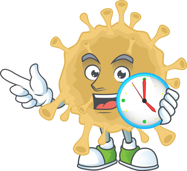 卡通人物冠状病毒粒子与时钟图片下载