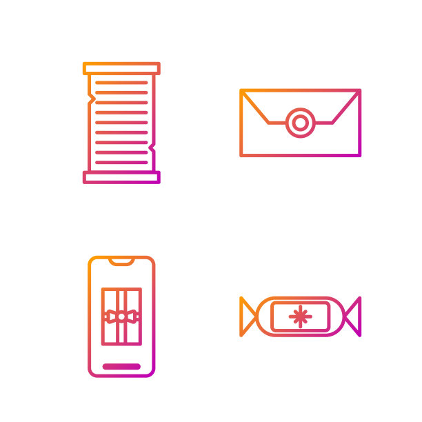 套装糖果，智能手机与礼盒，圣诞愿望清单模板和信封与圣诞派对邀请卡。渐变颜色图标。向量图片下载