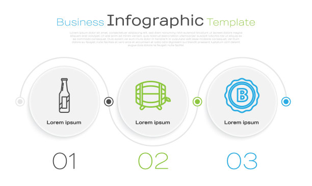 在架子上放置啤酒瓶，木桶，瓶盖，瓶盖上刻有啤酒字样。业务信息模板。向量图片下载