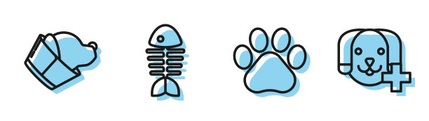 设线爪印、兽医诊所符号、鱼骨架和兽医诊所符号图标。向量图片下载
