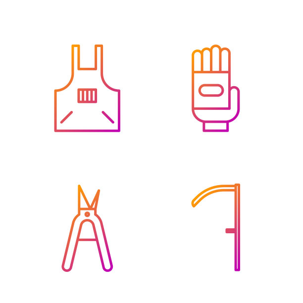 镰刀、园艺手工剪刀、厨房围裙和园艺手套图标组合。渐变色图标。矢量素材图片下载
