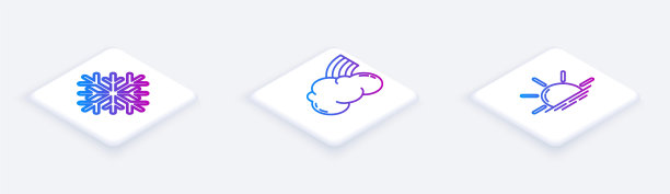 设置等距线雪花，彩虹与云彩和日出。白色正方形按钮。向量图片下载