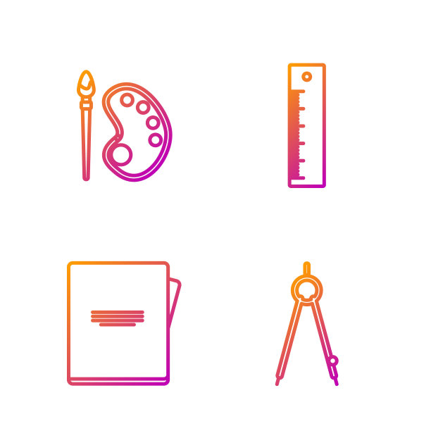 设置线描指南针，笔记本，画笔调色板和尺子。渐变颜色图标。向量图片下载