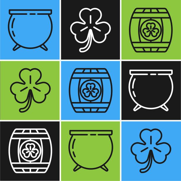 设置线女巫坩埚，木桶与四叶三叶草和四叶三叶草图标。向量图片下载