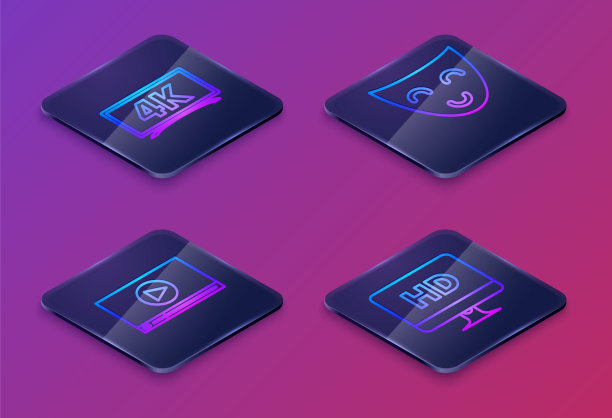 设置4k超高清视频技术的等距线屏幕电视，在线播放视频，喜剧戏剧面具和高清视频技术的电脑PC显示器。蓝色方块按钮。向量图片下载