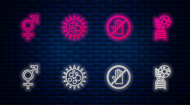 设置一行病毒，不握手，性别和DNA符号病毒。砖墙上发光的霓虹灯图标。向量图片下载
