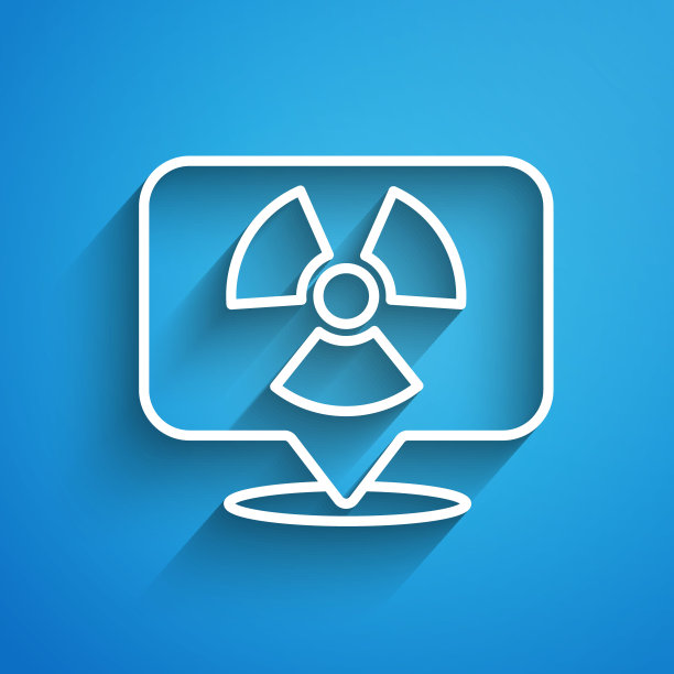 白线放射性在位置图标隔离在蓝色背景。放射性有毒符号。辐射危险标志。长长的阴影。向量图片下载