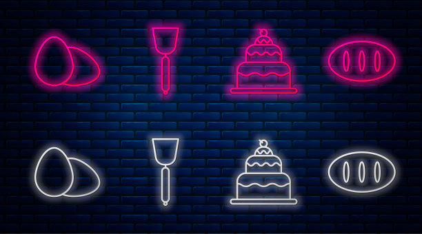 订线抹刀，蛋糕，鸡蛋，面包。砖墙上发光的霓虹灯图标。向量图片下载