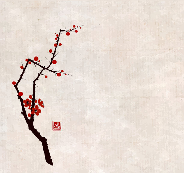 樱花樱花树在复古的背景。传统的东方水墨画，墨画，墨画。象形文字——开花。图片下载