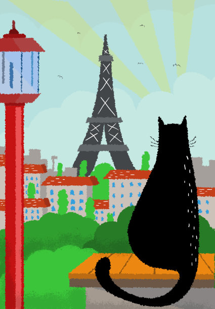猫和城市风景。埃菲尔铁塔/巴黎/法国图片下载
