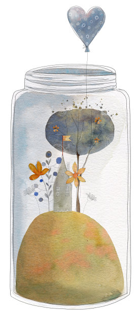 水彩画夏天或春天的房子在罐子与气球，花和树。Florarium。图片下载