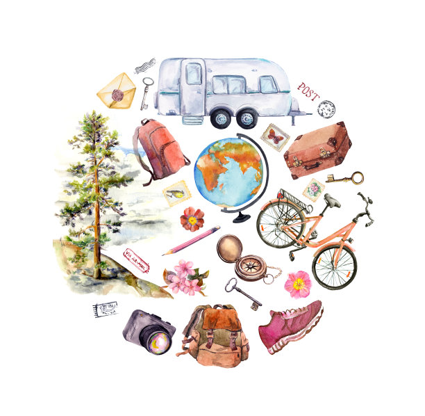 女性旅行卡素描:风景松树、粉色自行车、背包、摄影相机、指南针、地球仪、鲜花、邮票。的女性化风格。手绘旅游水彩画图片下载