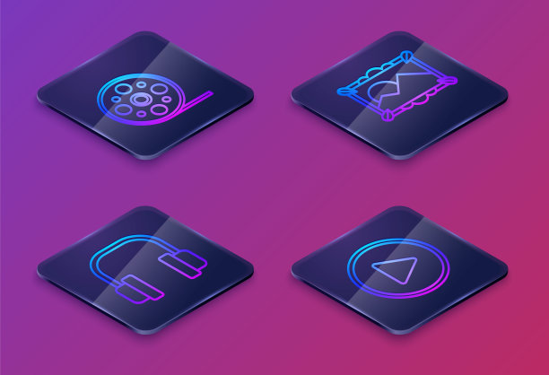 设置等距线胶片卷轴，耳机，图片景观和播放在圆圈。蓝色方块按钮。向量图片下载