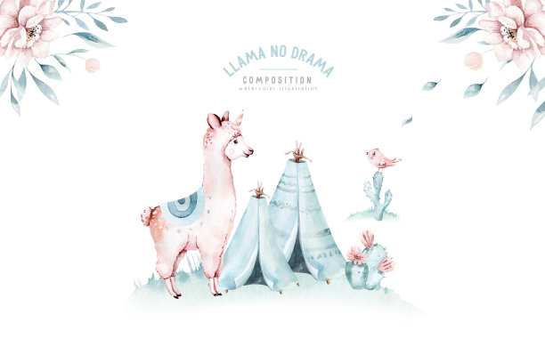 可爱的水彩羊驼，羊驼插图孤立在白色。羊驼印花民族毯，花圈，花束和波西米亚墨西哥装饰图片下载