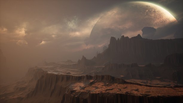 一个陌生星球表面的全景景观。3 d渲染。图片下载