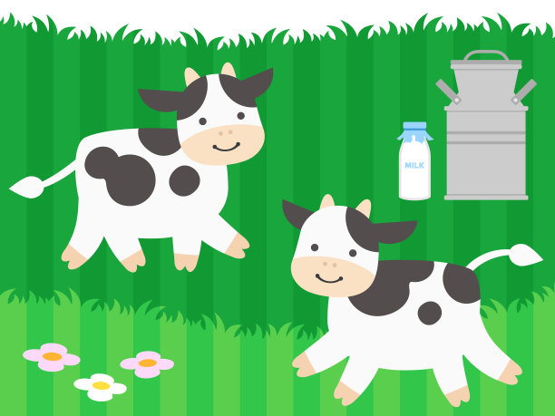 插图一套草背景和两头荷斯坦奶牛，牛奶罐和奶瓶图片下载