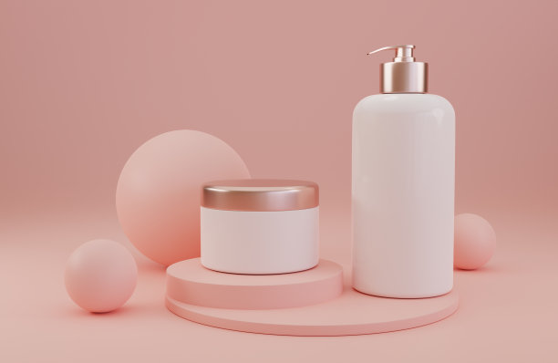 白色空护肤瓶和霜瓶。抽象的软粉色背景。三维可视化布局模板图片下载